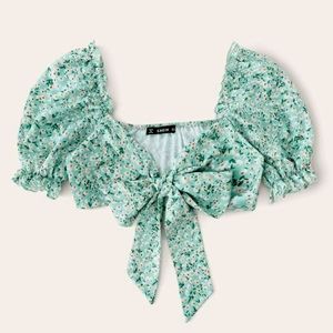SHEIN “Ditsy Floral Print Frill Trim Tie Front Crop Top”